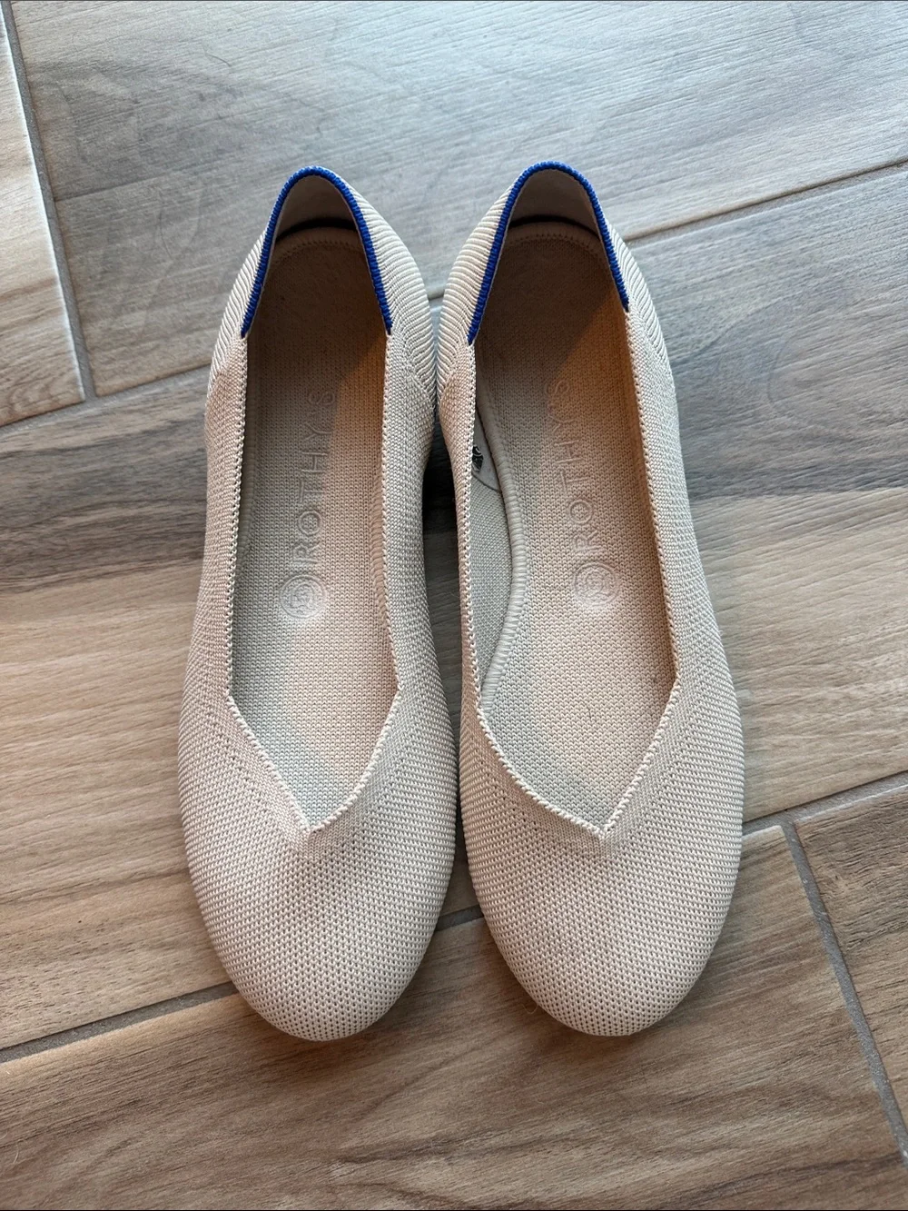 Rothy's Cream Knit Ballet Flats with Blue Heel Trim